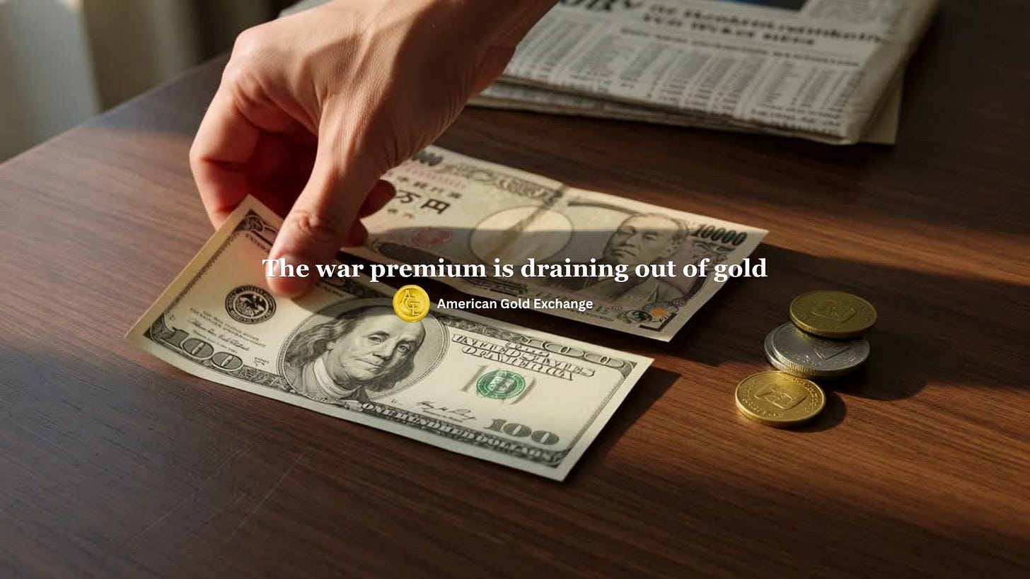 Hand picking up US dollar and Japanese yen bills beside gold coins on desk Hand picking up US dollar and Japanese yen bills beside gold coins on desk