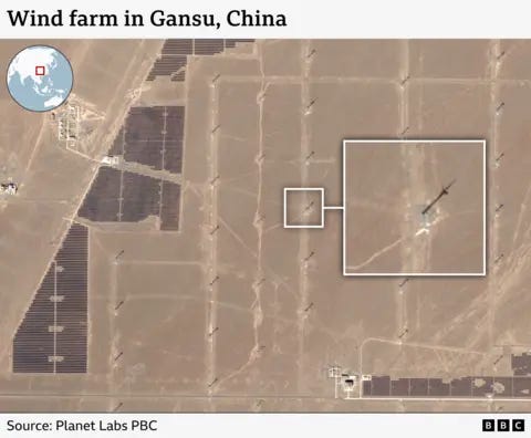 A graphic showing a wind farm in Gansu, China. A turbine in a field is highlighted. 