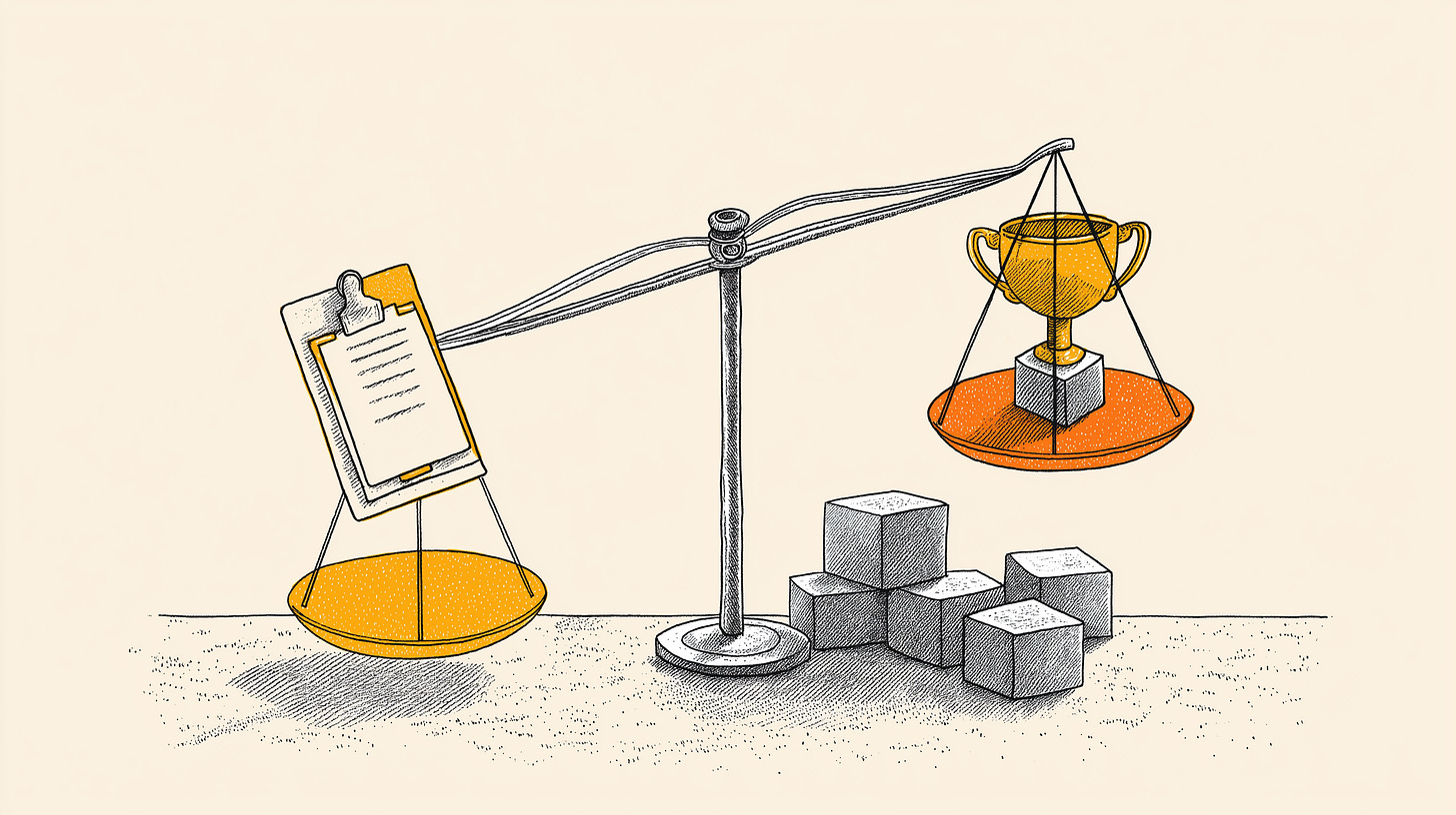Editorial illustration of an old-fashioned balance scale tilting heavily to one side. Four identical stone blocks are stacked on the heavy side. A single small weight sits alone on the other. Grayscale with orange accent on the lone weight.