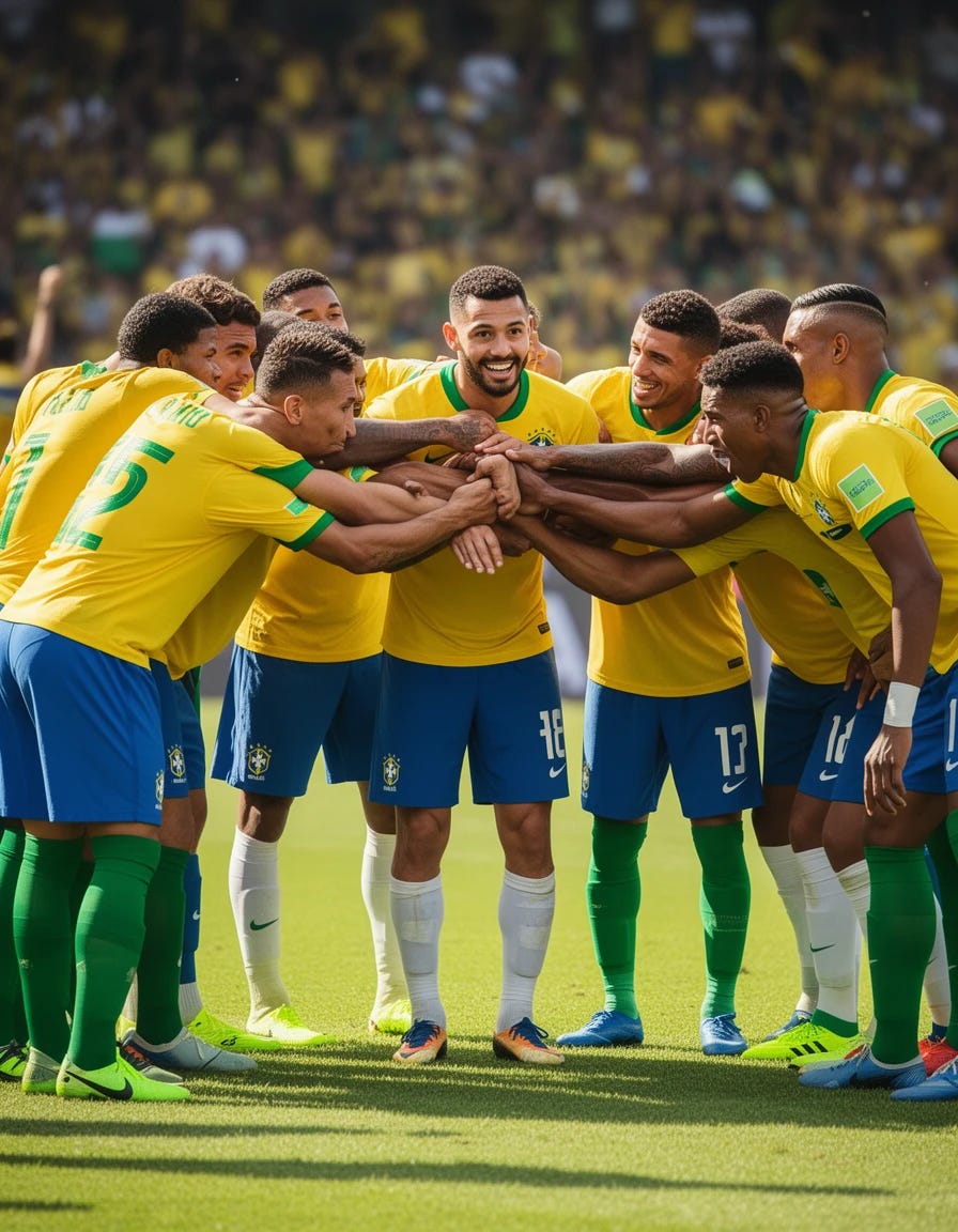 Multiple Brazilian Soccer players smelling one of their own fellow soccer players