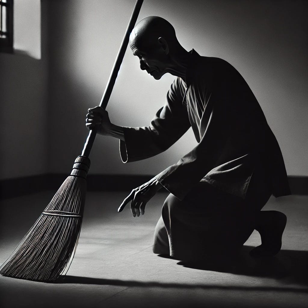 A black-and-white image of a person bending over to pick up a broom, captured in a serious and contemplative mood. The setting is minimalistic, with soft shadows and strong contrasts highlighting the form of the person. Their face is focused, and the broom is simple, with clean lines. The atmosphere is quiet and still, evoking a sense of gravity and purpose in the small action. The style is dark, with deep shadows adding intensity to the scene.