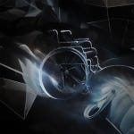 Disability, a detail from “Disabled Warrior,” by the author. An empty wheelchair being hit by a speeding automobile.