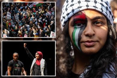 Protesters at a pro-Palestine rally, girl wearing a keffiyeh around her head with face painted with Palestinian flag, Linda Sarsour