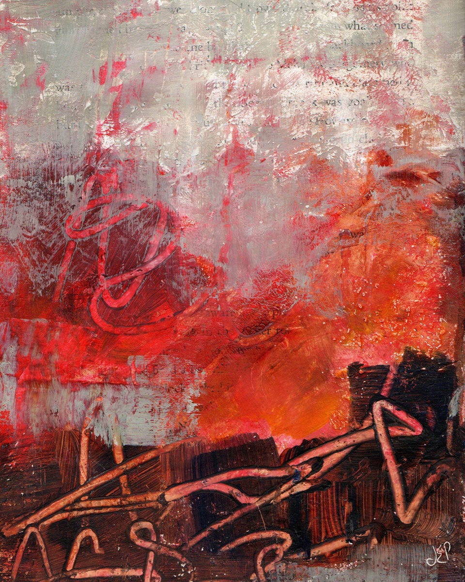 Fiery, mixed media painting in orange and reds