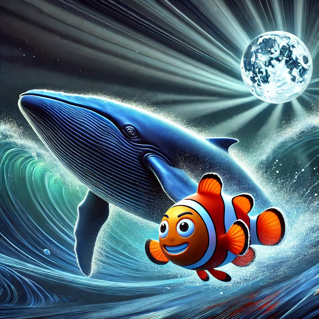 A dynamic, stylized scene of a large whale and a humanoid clownfish swimming fast through an underwater, moonlit kingdom. The clownfish, with a clown emoji face, swims energetically beside the whale, their movements creating ripples and bubbles in the deep blue water. The moonlight filters through the surface, casting a silver glow on their journey. The whale, slightly tired but determined, contrasts with the smaller clownfish who darts ahead with incredible speed. The ocean background is vast, with soft beams of moonlight creating a serene, yet energetic atmosphere.