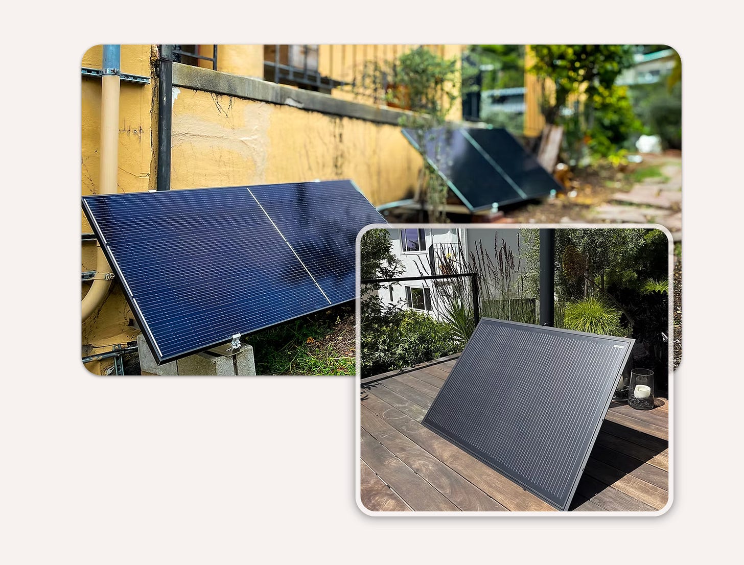 An image showing a variety of portable solar panels leaned up against houses, in yards, or on balconies. An image showing a variety of portable solar panels leaned up against houses, in yards, or on balconies.