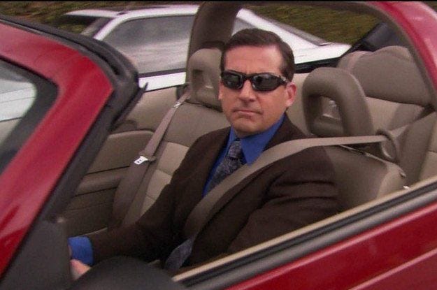 This may contain: a man sitting in the back seat of a car with text reading feeling cute night hit someone with my car late