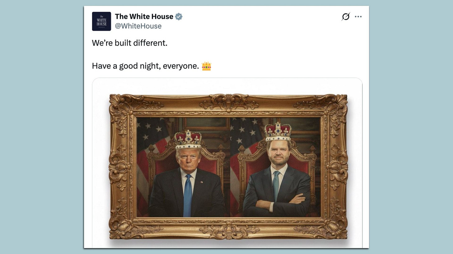 Image of a painting of President Trump and Vice President Vance with crowns