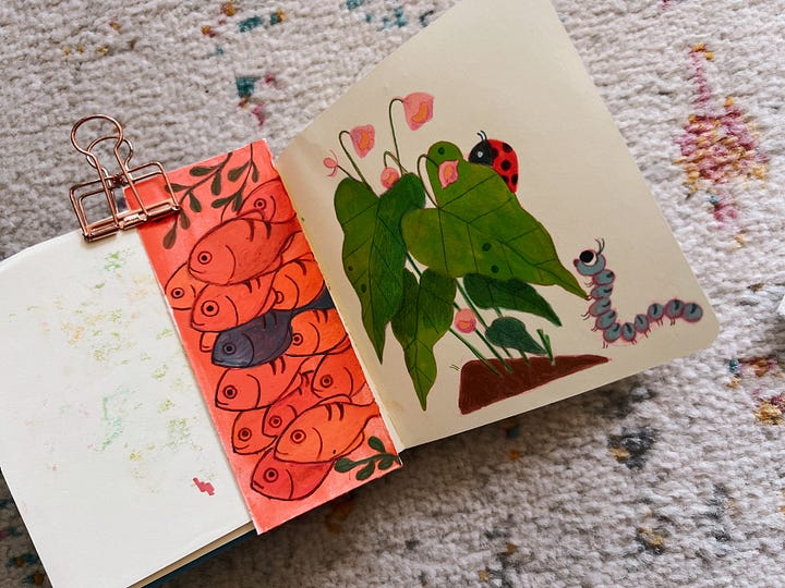 drawings of fish and msuhrooms