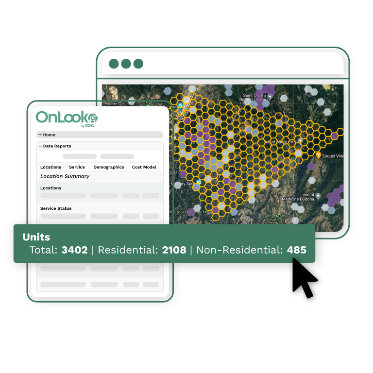 An example Onlook's unit data, showing 3402 total units in the area - 2108 being residential and 485 being non-residential.
