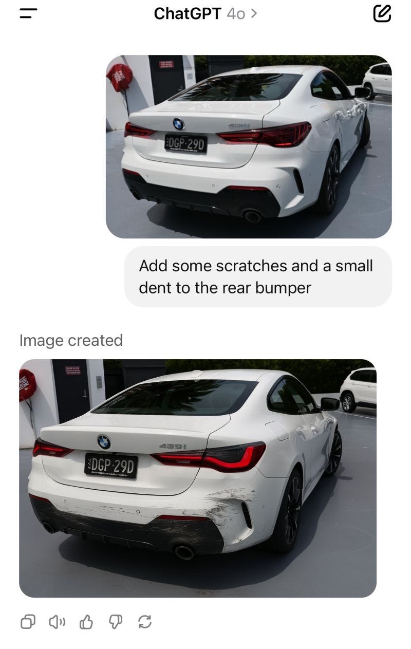 AI image generation just took a dark turn 😳  People are now joking about using AI to fake car damage (like scratches on your shiny BMW) for "light" insurance fraud.  Sounds funny, right?  Except insurance fraud costs $80 billion a year in the US alone 🤯  Suddenly, it's less cute.  Even Studio Ghibli co-founder Hayao Miyazaki criticized AI-generated art, warning of losing human authenticity.  This is AI’s double-edged sword:  The same technology that creates magic can also fuel deception.  We're entering an AI arms race - fraudsters using tools like ChatGPT to fool insurers, while insurers fight back with even smarter AI detection 🤖  But here's the thing:  Every joke about light fraud brings up serious ethical questions:  ↳ Are we ready for a world where seeing no longer means believing? ↳ How do we protect authenticity when AI makes fake so easy? ↳ What happens when AI creativity crosses into real-world consequences?  AI isn't just technology - it's a mirror reflecting our choices.