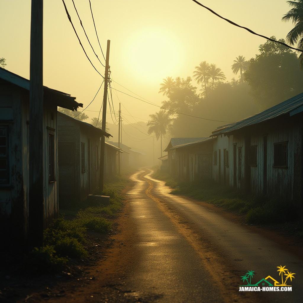 Recreation of Charles Town, a misty, golden light casts a warm glow on the rustic, Jamaican Vernacular buildings that line the winding road of Charles Town, Portland, a historic Maroon settlement nestled in the flat coastal plains. The camera, positioned on a v-raptor XL, captures the scene with a cinematic flair, incorporating a subtle film grain, vignette, and deliberate color grading to evoke a sense of nostalgia and timelessness. As the lens pans across the settlement, it reveals the Maroon cemetery, a sacred site where many legendary Maroons, including the revered leader Quao, are laid to rest. The atmosphere is thick with history and cultural significance, as if the spirits of the past linger in the air. Inspired by the works of cinematographer Emmanuel Lubezki, the image blends the rugged, natural beauty of the Jamaican landscape with the textured, earthy tones of the settlement's architecture, creating a visually stunning and deeply atmospheric film still.