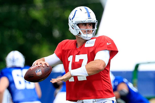 Daniel Jones of the Indianapolis Colts throws a pass during the joint practice with the Atlanta Falcons at Grand Park Sports Campus on August 19,...