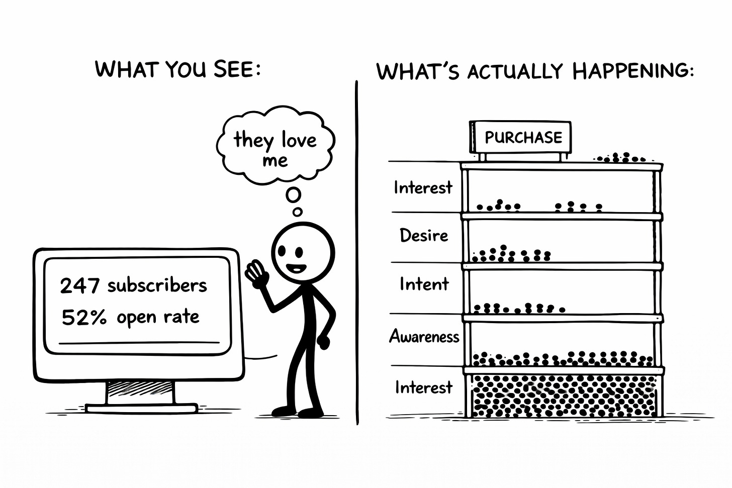 Split panel illustration comparing what newsletter creators see (247 subscribers and 52% open rate with a stick figure thinking "they love me") versus what's actually happening (subscribers distributed across five levels from Interest to Purchase, with most concentrated at the bottom) Split panel illustration comparing what newsletter creators see (247 subscribers and 52% open rate with a stick figure thinking "they love me") versus what's actually happening (subscribers distributed across five levels from Interest to Purchase, with most concentrated at the bottom)