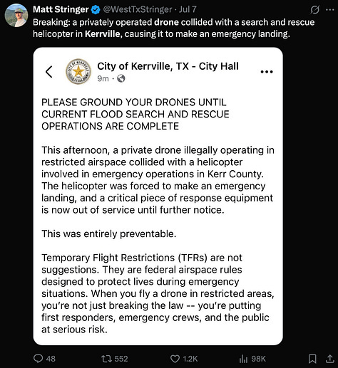 Screenshots of Twitter/X posts from high-profile accounts Breaking911, Matt Stringer, and RawAlerts sharing the City of Kerrville’s official Facebook statement claiming a “private drone illegally operating” collided with a search-and-rescue helicopter, causing an emergency landing. The posts show the city’s warning to ground drones during flood operations and emphasize the incident was “entirely preventable.” These tweets contributed to widespread misinformation about the drone incident.