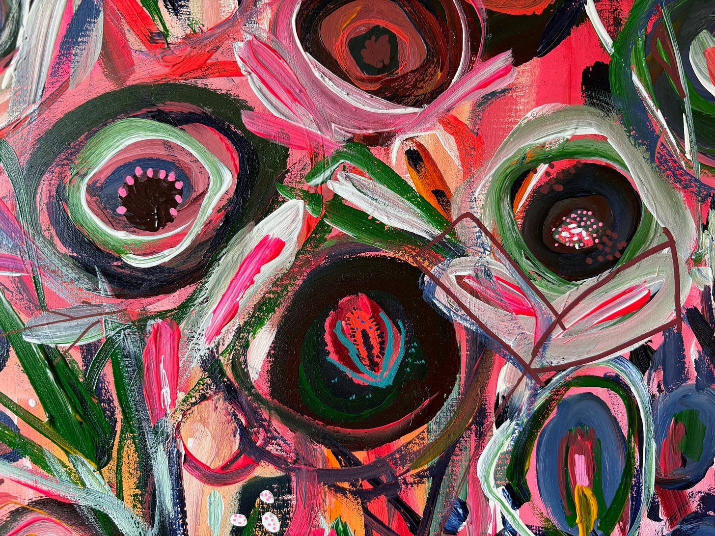 A richly textured abstract piece with glowing neon pinks and corals layered over deep blues and greens. The composition is filled with circular motifs and rhythmic marks, suggesting both flowers and constellations.