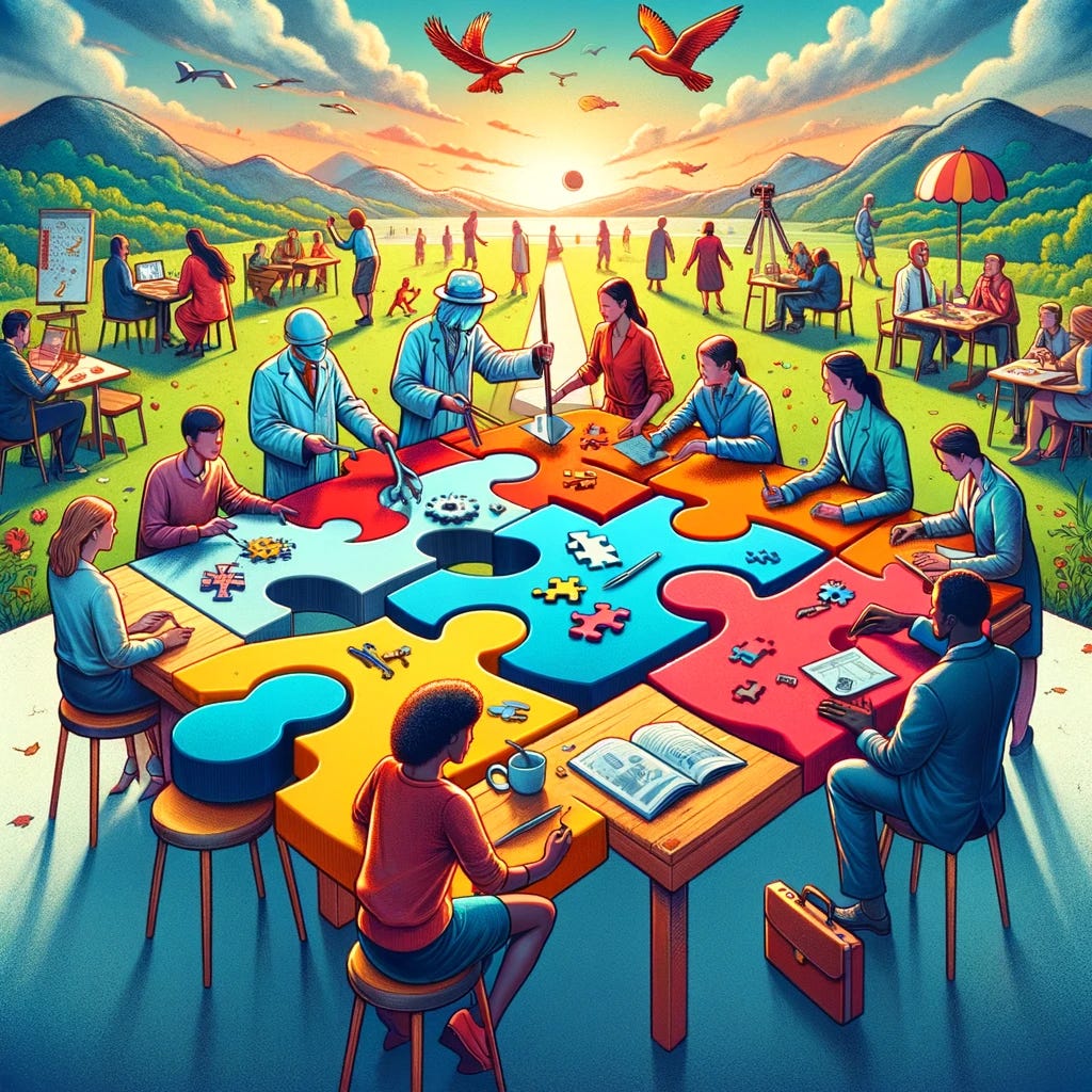 the image inspired by "Range" by David Epstein. The illustration shows a vibrant scene where a diverse group of individuals from various professions—a scientist, an artist, a business person, and an athlete—are collaborating around a large, puzzle-like table, each contributing a unique piece that represents their field. This visual captures the theme of versatility and the advantage of having a broad range of skills and experiences.