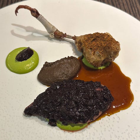 Three pigeon dishes at Paris restaurants A.T. Hemicycle and Maison