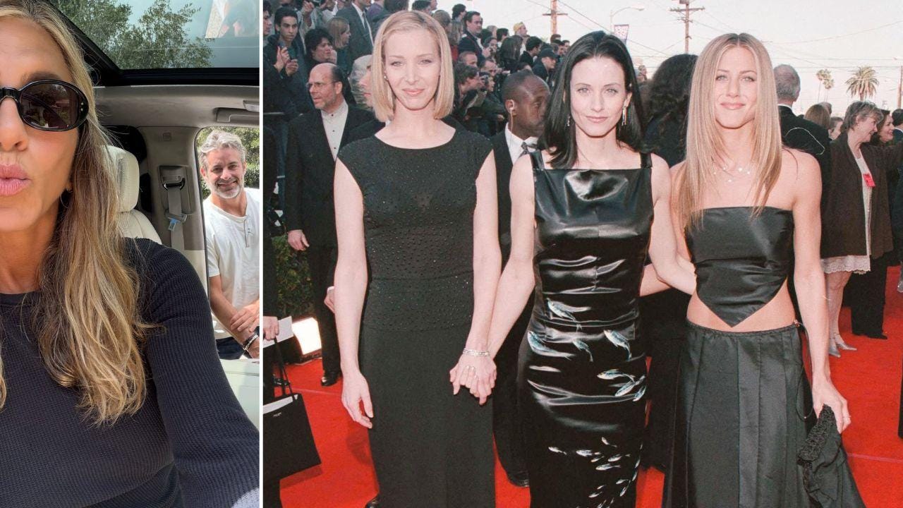Split photo of Jennifer Aniston, Jim Curtis, Courteney Cox and Lisa Kudrow Split photo of Jennifer Aniston, Jim Curtis, Courteney Cox and Lisa Kudrow