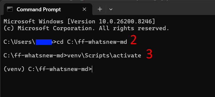Screenshot of the Windows Command Prompt showing two commands: "cd C:\ff-whatsnew-md" labeled with red annotation 2, and "venv\Scripts\activate" labeled with red annotation 3. The final line displays the prompt prefixed with "(venv)" confirming the virtual environment is active. The username is redacted with a blue box for privacy.