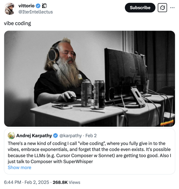 Vibe coding meme featuring a bearded man wearing headphones, deep in AI-assisted programming