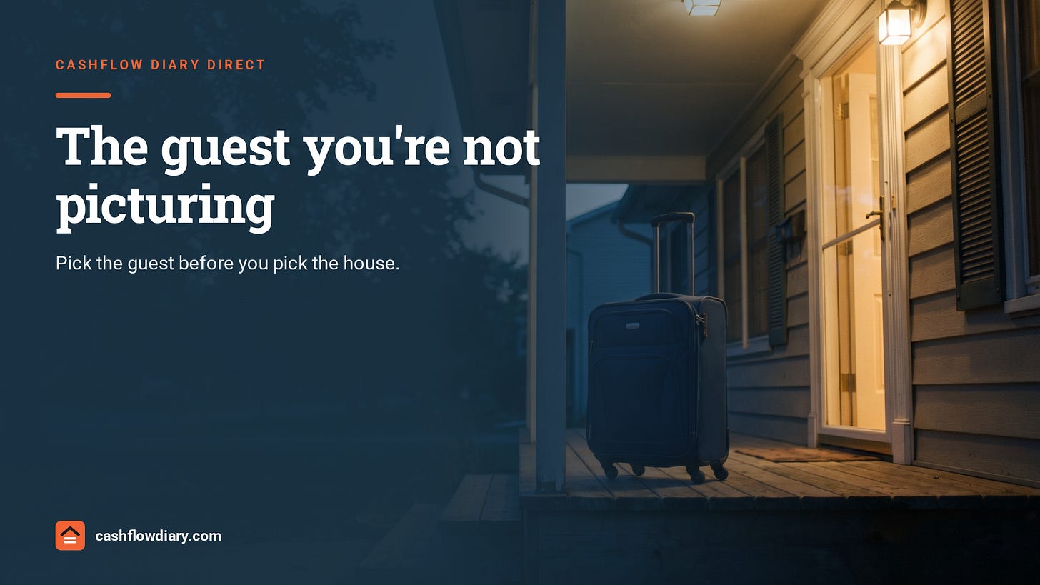 A navy rolling suitcase waiting on the porch of a modest house at dusk, front door open with warm light. Headline: The guest you're not picturing. Pick the guest before you pick the house. CashFlow Diary logo. A navy rolling suitcase waiting on the porch of a modest house at dusk, front door open with warm light. Headline: The guest you're not picturing. Pick the guest before you pick the house. CashFlow Diary logo.
