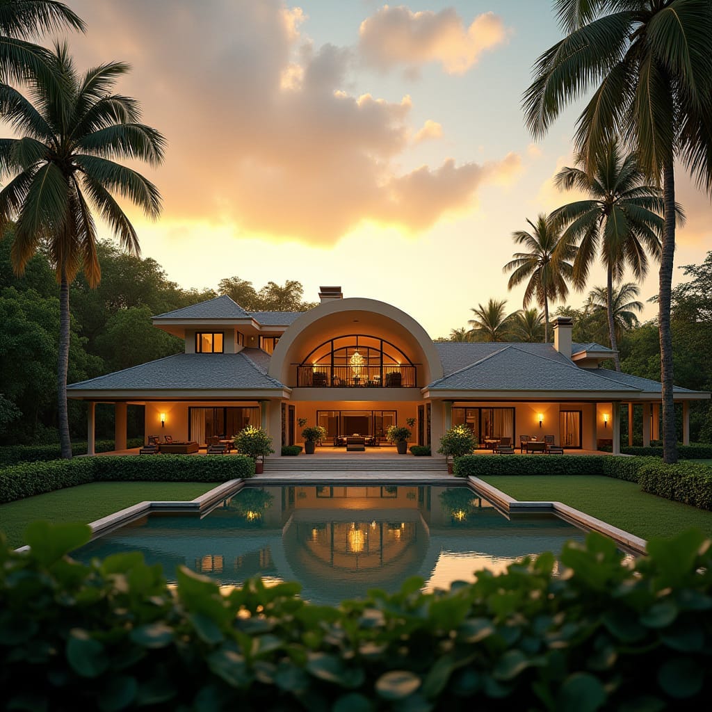 A majestic, modern Jamaican estate with a dramatic Barrel-Vaulted Roof, set amidst a lush, vibrant landscape, evoking the warmth and spirit of the Caribbean.