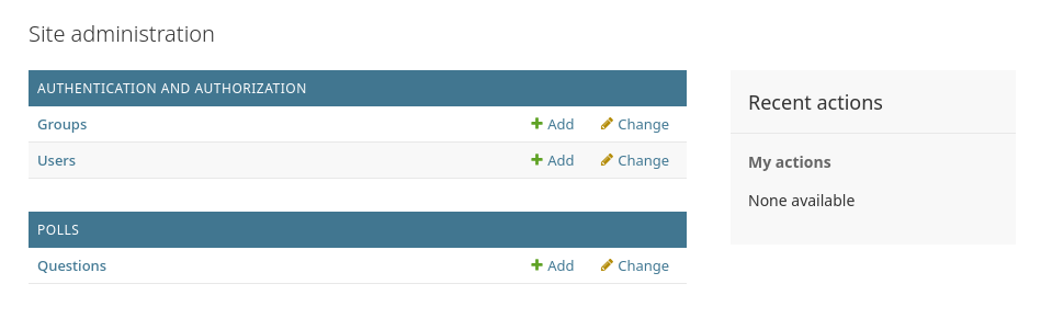 Screenshot from the introductory Django tutorial. It shows the "Site administration" dashboard. Links are given to manage "Groups," "Users," and "Questions."