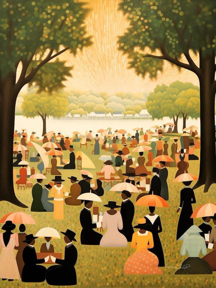 This may contain: a painting of people sitting in the grass under trees with umbrellas and fireworks behind them This may contain: a painting of people sitting in the grass under trees with umbrellas and fireworks behind them
