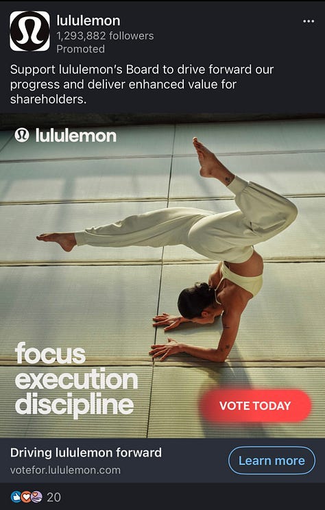 three screenshots of LinkedIn ads by Lululemon encouraging people to vote in the shareholder vote about board of directors