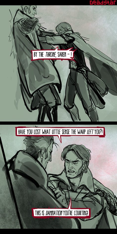 Here's how that dynamic plays out visually when Saren faces genuine concern from a subordinate, using Heinrix from the Owlcat CRPG