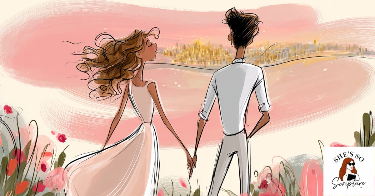 Watercolor fashion illustration of a woman and a man standing in a garden at dawn, looking toward a golden city on the horizon.