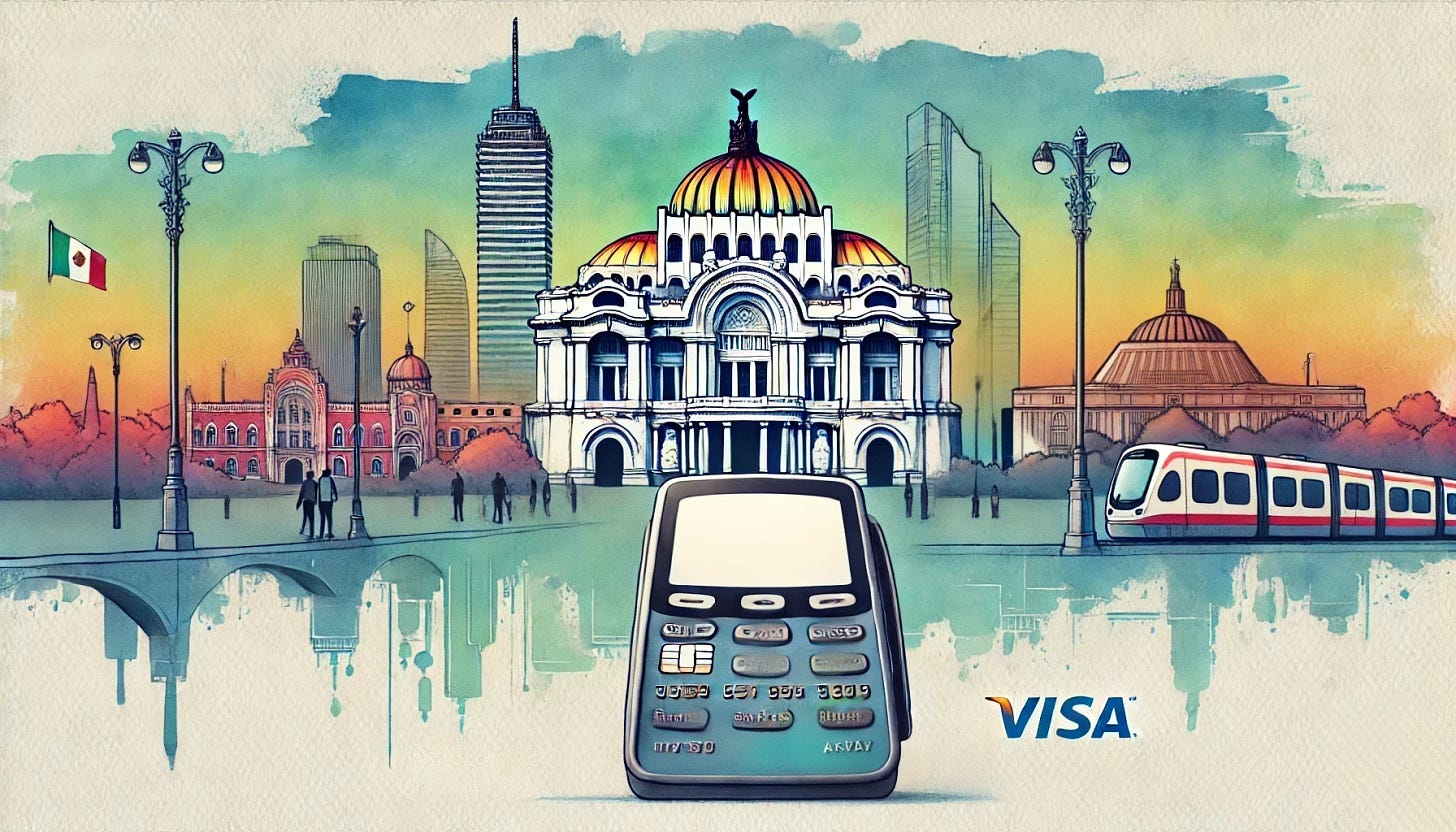 A minimalist watercolor illustration of Mexico City with iconic landmarks such as the Palacio de Bellas Artes (appearing only once), Torre Latinoamericana, and the Ángel de la Independencia. The scene focuses on the city's urban landscape, avoiding any buildings or elements not native to Mexico. In the foreground, a Metro card reader (TPV) is prominently displayed, featuring the contactless payment symbol on its screen and removing any duplicated Visa logos. The artwork uses brilliant tones of blue, green, and orange to symbolize trust, innovation, and progress, presenting a harmonious blend of tradition and modernity.