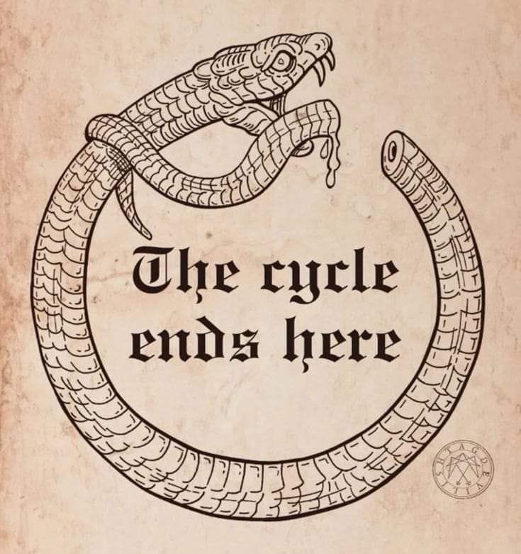This may contain: an old book with a snake in the middle and words on it that say, the cycle ends here