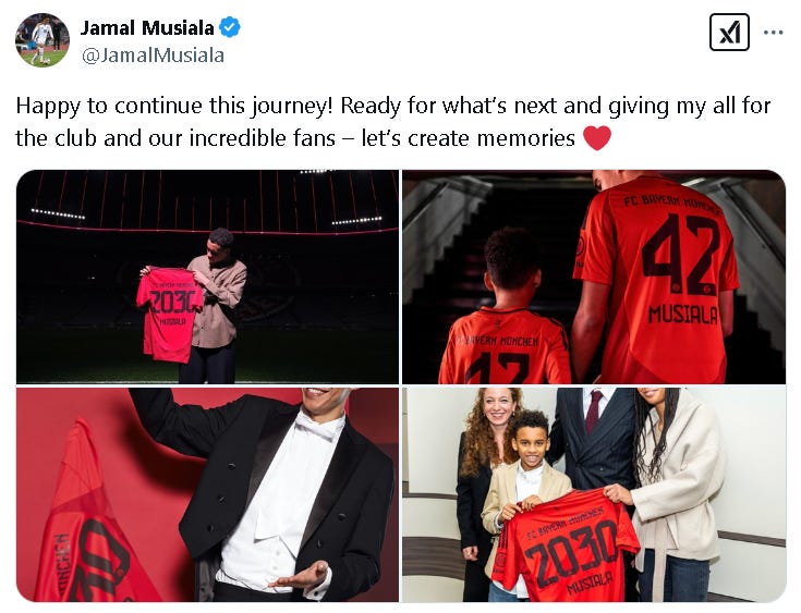 Jamal Musiala announces his contract extension at Bayern Munich.