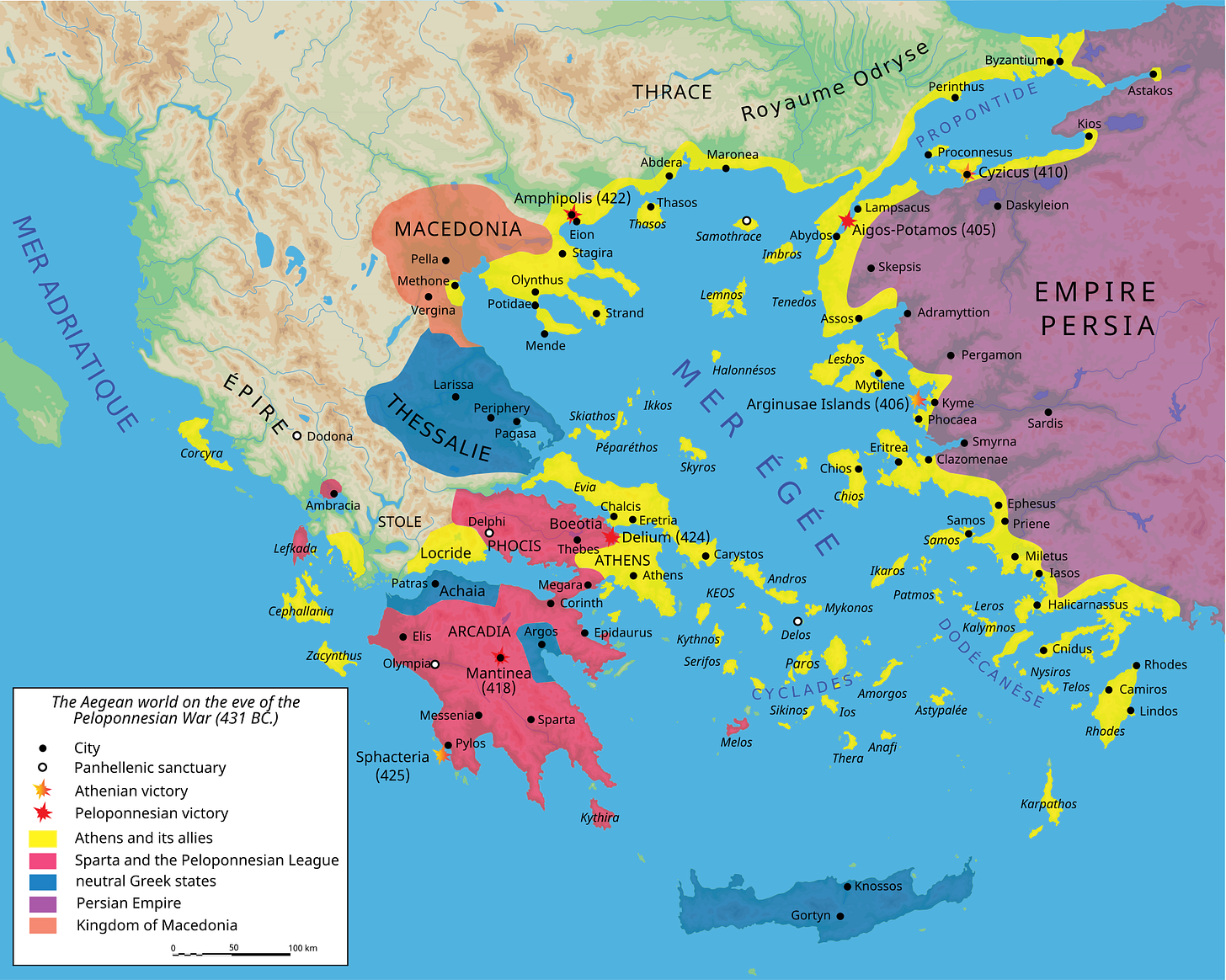 Athens and the Delian League (yellow) shown along the Peloponnesian League and the Persian Empire at the outset of the Peloponnesian War around 431 BC Athens and the Delian League (yellow) shown along the Peloponnesian League and the Persian Empire at the outset of the Peloponnesian War around 431 BC