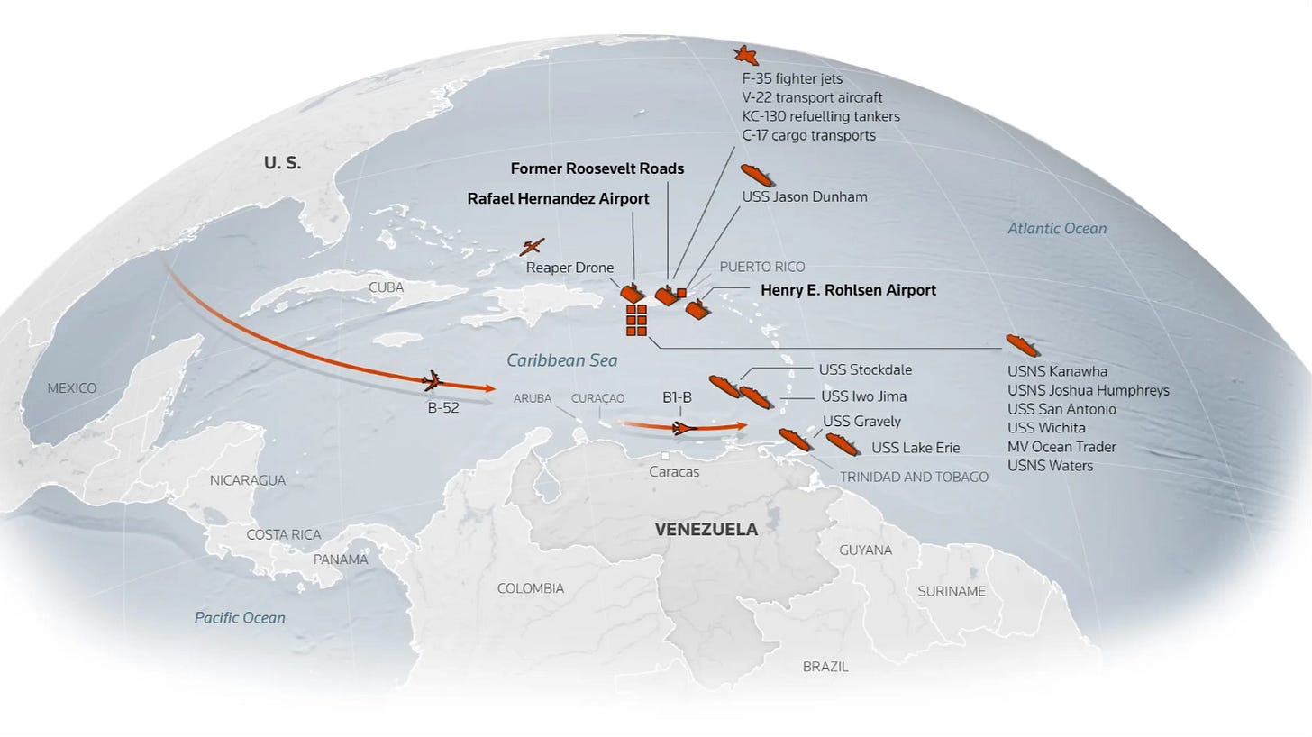 Recent sightings of U.S. military vessels and aircraft as of October 31. Sources: Reuters reporting, MarineTraffic, FlightRadar24, Sentinel-2, Planet Labs PBC