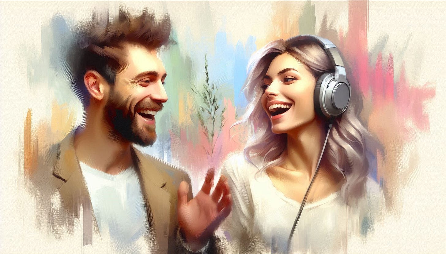 A man is smiling and happily chattering away. A pretty woman is smiling at him, but she is wearing headphones. Slight impressionist style.