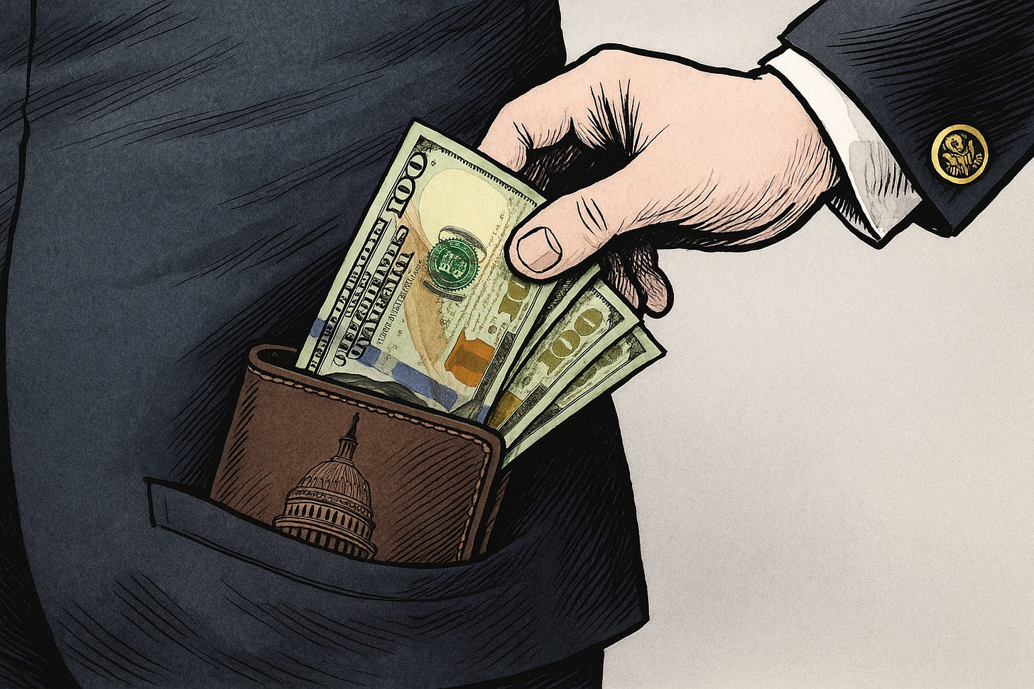 A cartoon of a man with a presidential pin stealing money from a wallet embossed with the u.s. capitol building