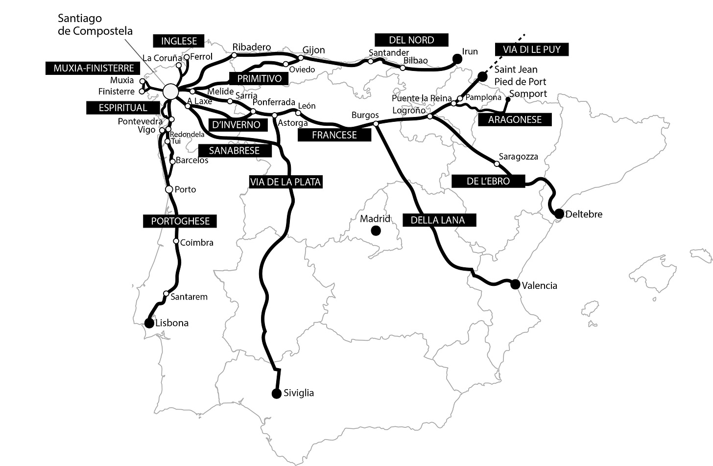 Mappa di tutti i cammini di Santiago