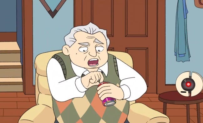A cartoon character who looks more than a little like Archie Bunker sits in an armchair opening a beer. The cartoon 'set' is a near replica of the Bunkers' living room in All In The Family A cartoon character who looks more than a little like Archie Bunker sits in an armchair opening a beer. The cartoon 'set' is a near replica of the Bunkers' living room in All In The Family