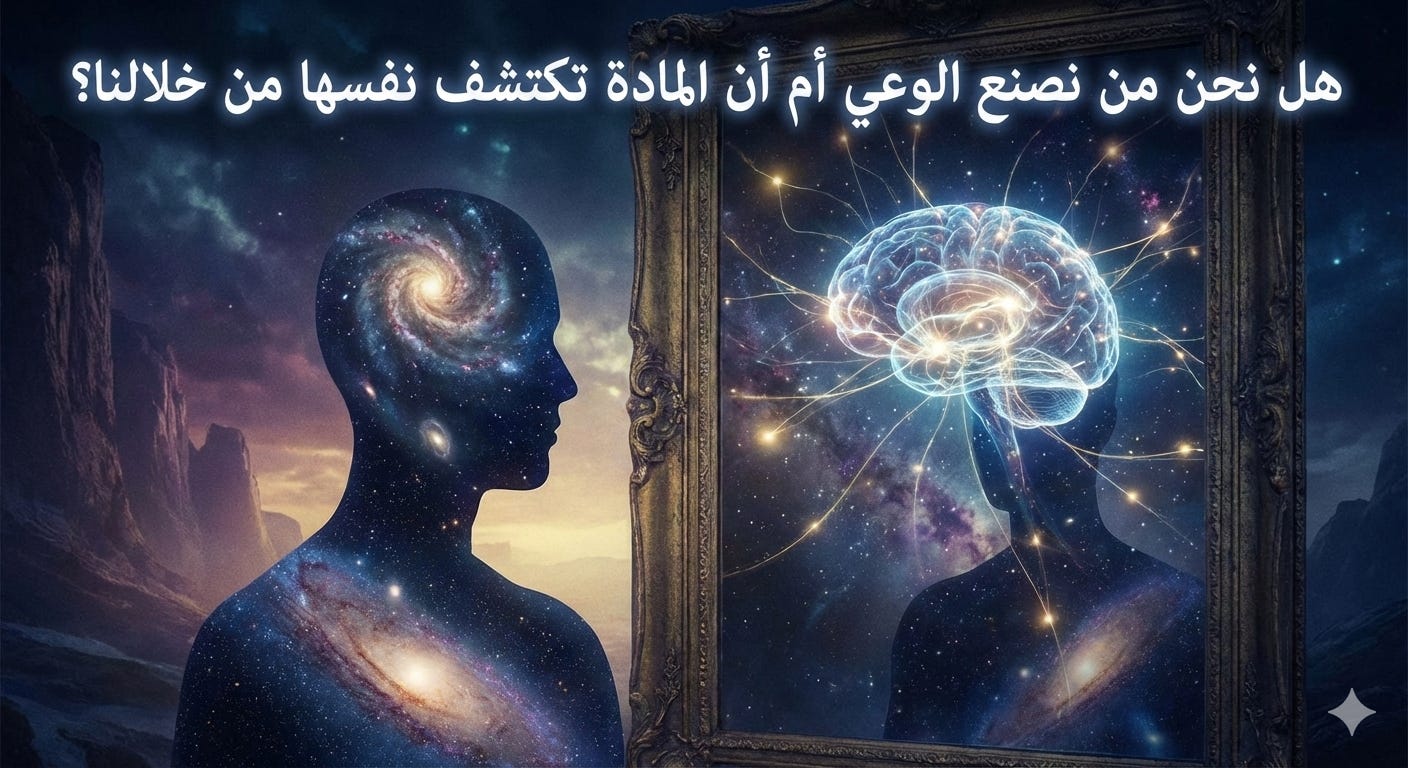 صورة فنية سريالية تجمع بين العلم والفلسفة، يظهر فيها خيال بشري شفاف مليء بالمجرات والنجوم الكونية، يقف أمام مرآة تعكس صورة دماغ بشري متوهج بالنبضات الكهربائية والروابط العصبية التي تمتد كخيوط من الضوء في الفضاء. في أعلى الصورة عبارة مكتوبة باللغة العربية: 'هل نحن من نصنع الوعي أم أن المادة تكتشف نفسها من خلالنا؟'.