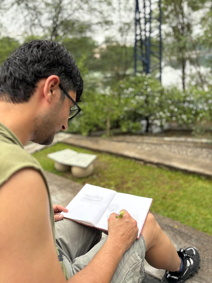 People sketching and bird watching at Udaan Park, Udaipur, Rajasthan.
