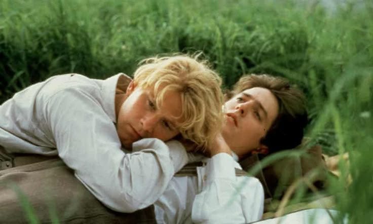 This may contain: two people laying on the ground in front of some tall grass and looking at something