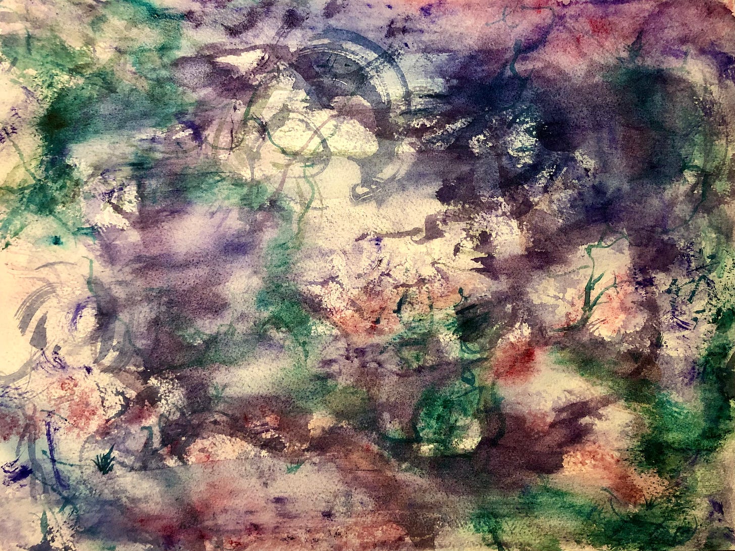 An abstract watercolour painting in progress, featuring layered washes of soft purple, green, blue, and hints of pink. The composition is dreamlike and hazy, with diffuse textures and organic shapes emerging through translucent layers. Delicate circular and linear patterns are faintly visible, suggesting hidden symbols or maps beneath the surface. The overall feeling is mystical, contemplative, and in flux.