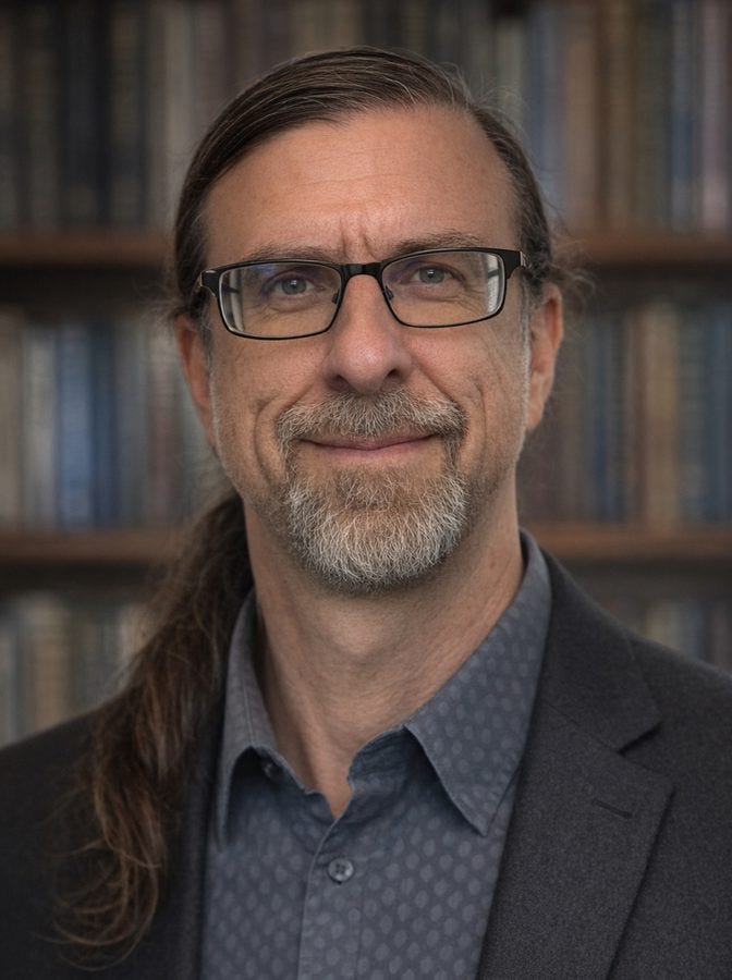 A man faces the camera with a slight smile, wearing black rectangular glasses, a patterned blue-gray shirt, and a dark blazer. His long hair is pulled back, and a blurred bookshelf fills the background.
