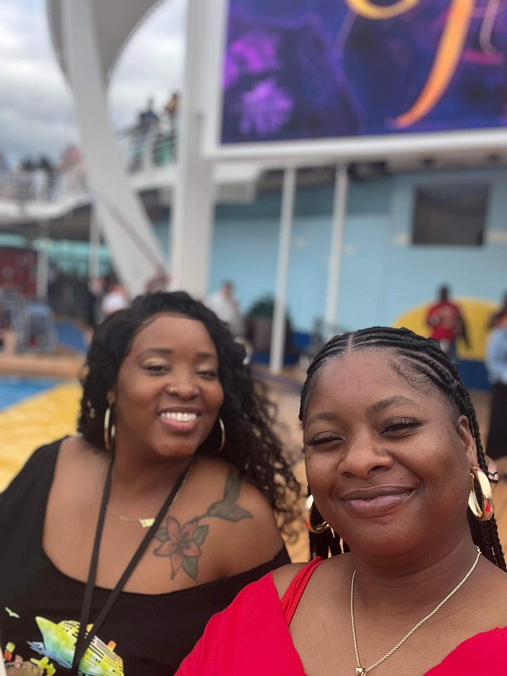 Left to right: Two black women smiling behind a green flower wall. Ten plus black women pose dressed in brown on a Royal Caribbean Cruise