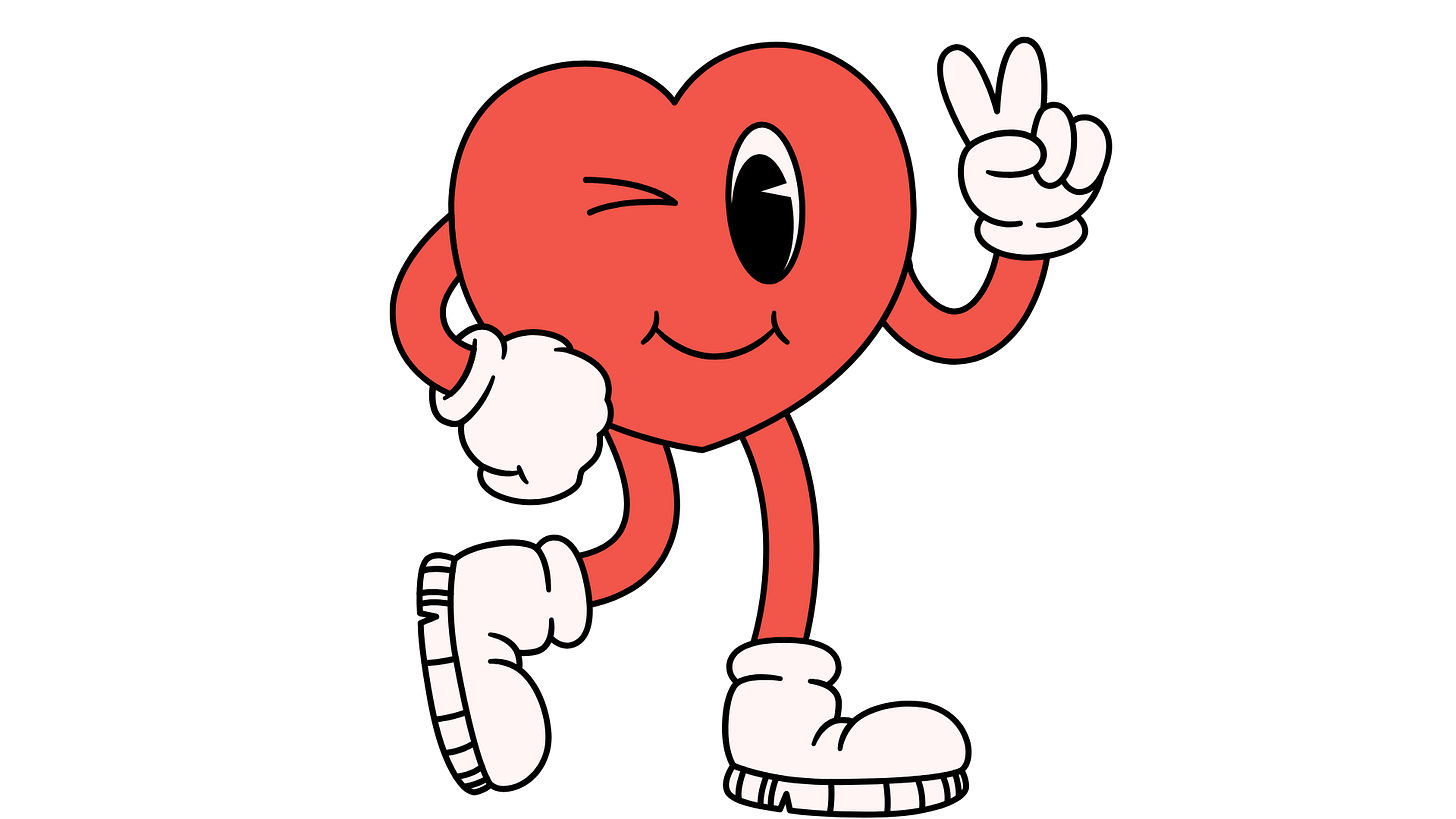 Illustration of a cheerful red heart with arms, legs, and white gloves, winking and flashing a peace sign as it walks — symbolizing joy, recovery, and emotional freedom after a heart reset. Illustration of a cheerful red heart with arms, legs, and white gloves, winking and flashing a peace sign as it walks — symbolizing joy, recovery, and emotional freedom after a heart reset.