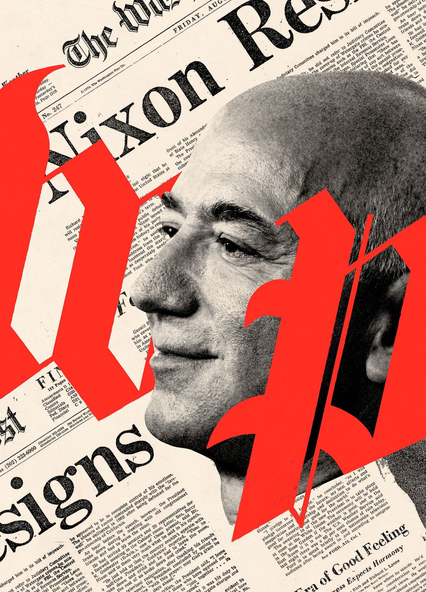 Collage of Jeff Bezos and The Washington Post newspapers. Collage of Jeff Bezos and The Washington Post newspapers.