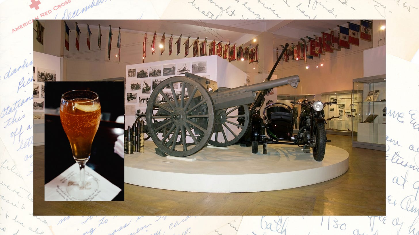 A French 75mm field gun displayed in a military museum, with an inset photo of a French 75 cocktail in a champagne flute. The cocktail, a mixture of champagne and cognac, was named after the artillery piece and was served at the battalion officers' party where Jack Wilson learned of his Silver Star award. The images are set against a background of Jack's original wartime letters. A French 75mm field gun displayed in a military museum, with an inset photo of a French 75 cocktail in a champagne flute. The cocktail, a mixture of champagne and cognac, was named after the artillery piece and was served at the battalion officers' party where Jack Wilson learned of his Silver Star award. The images are set against a background of Jack's original wartime letters.